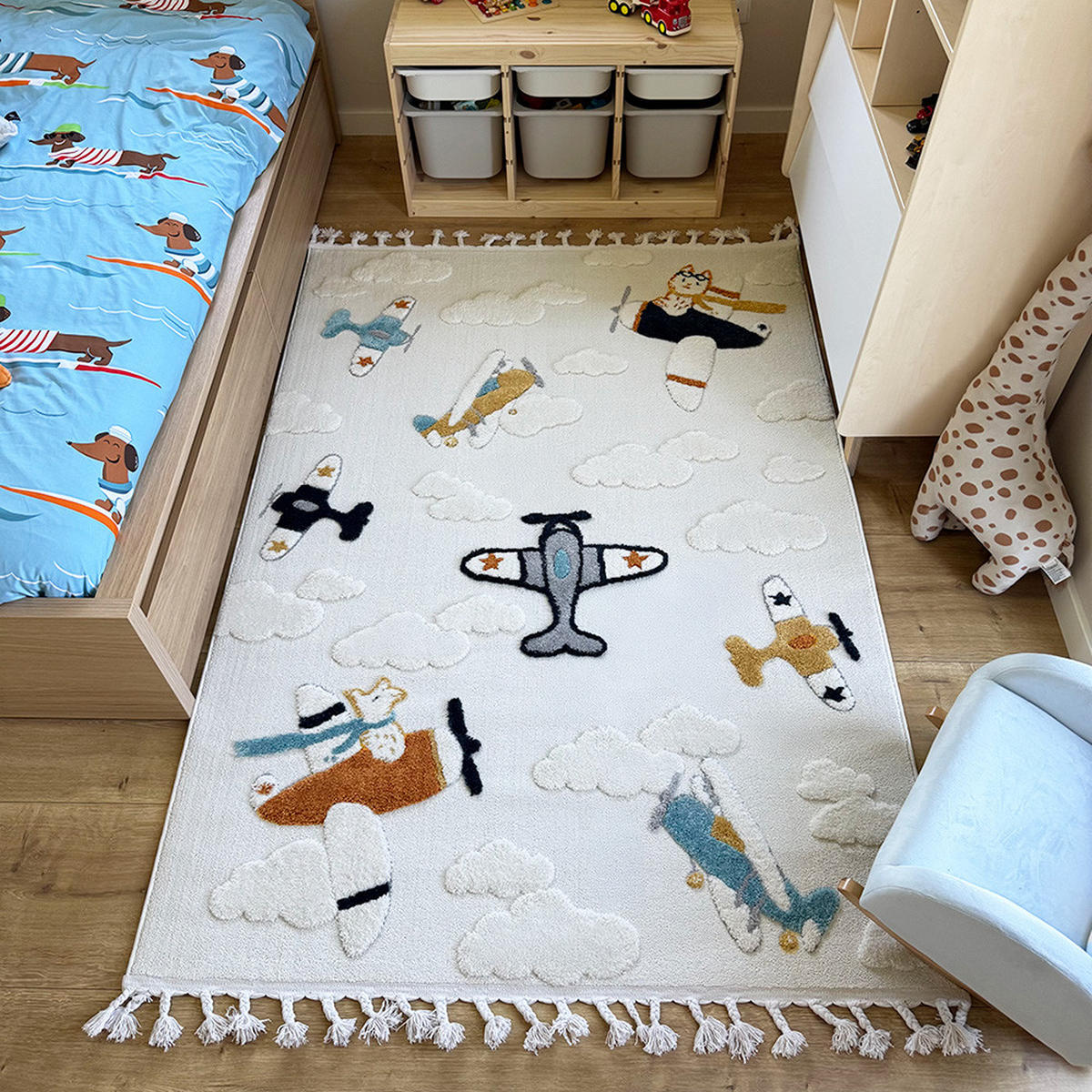 KINDERTEPPICH Buffo Aereo Mazovia 80x150cm Beige Creme Flugzeug Mittelflor mit Fransen - Multicolor/Creme, Textil (80/150cm) - Mazovia