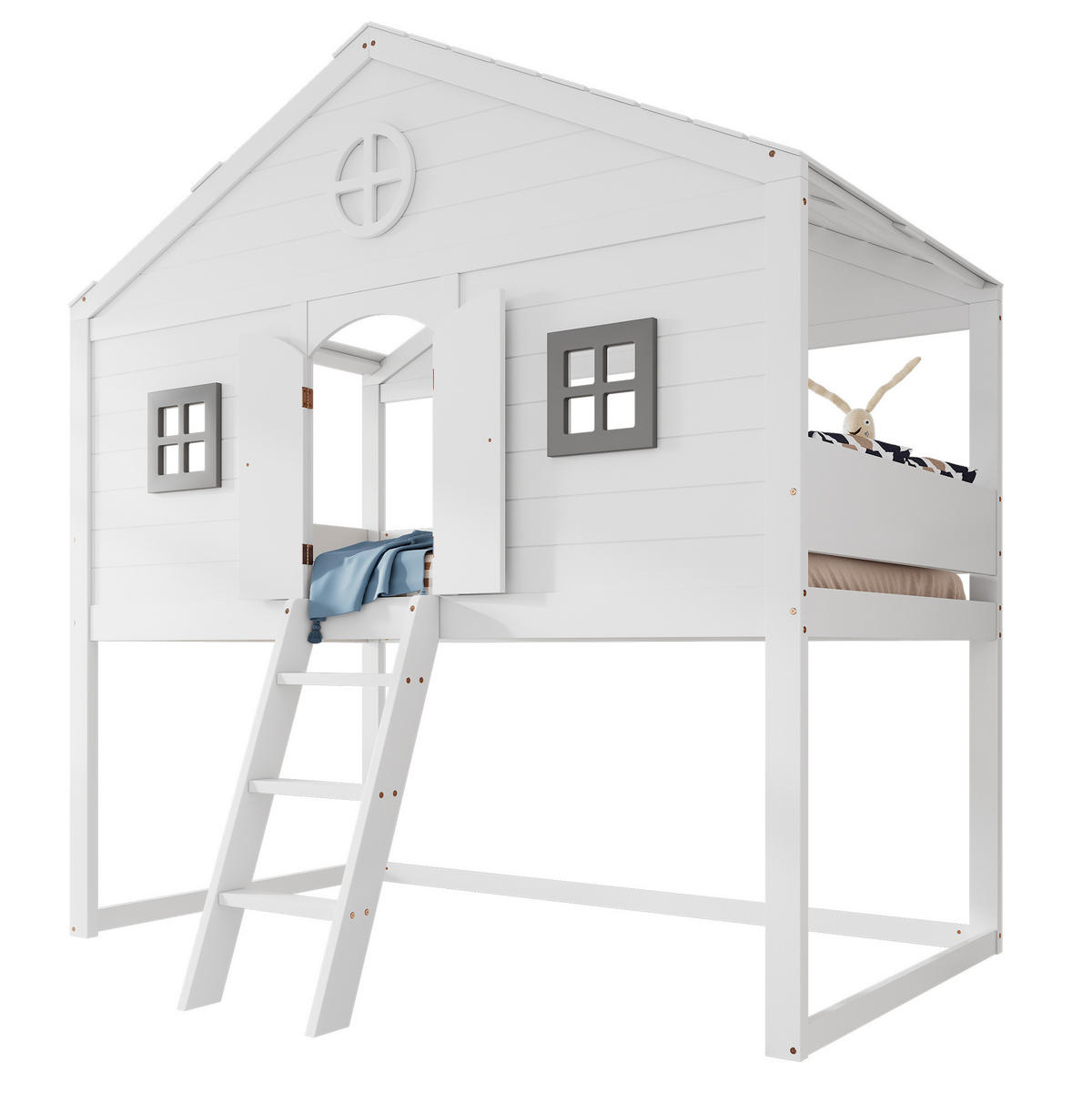 HOCHBETT 90/200 cm in Weiß/Grau – mit Treppe, Rausfallschutz und Fenstern - Weiß, Holz (90/200cm) - BEAOK