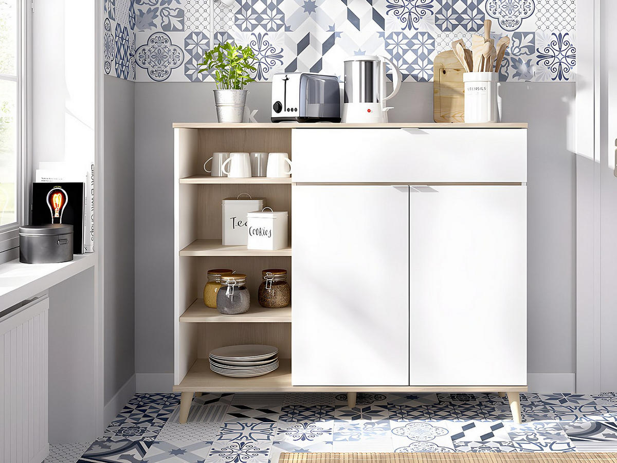 BUFFETSCHRANK - 119.3 cm x 40 cm - holz - naturfarben hell, weiß Wajdi - Weiß, Holz (119/102/40cm) - Vente-Unique