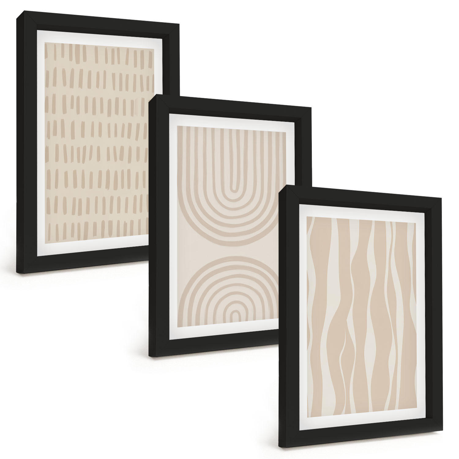 BILDER SET 3er Set - 20x30 cm Schwarzer Rahmen - Abstrakte beige Muster - Schwarz, Kunststoff (20/30cm) - TULUP