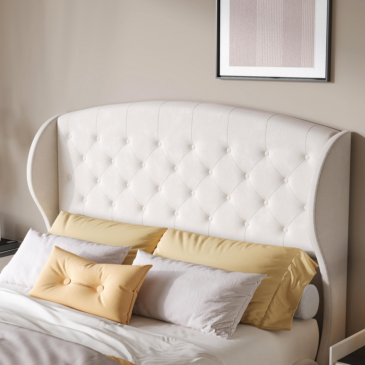 POLSTERBETT 140x200 cm Samt Knopfkopfteil beige - Beige, Holz (140/200cm) - LEBENLANG