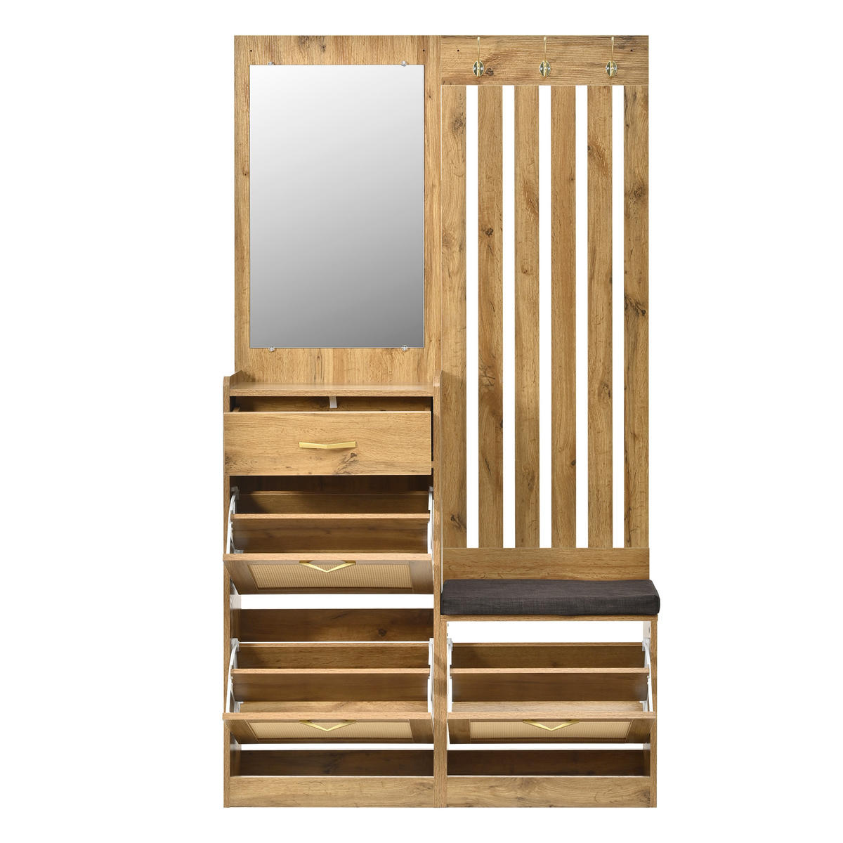 GARDEROBE 100cm Natur & Rattanoptik mit Schuhkipper, Spiegel & Sitzbank - Naturfarben, Holzwerkstoff (99.5/180/26cm) - Urban Meuble