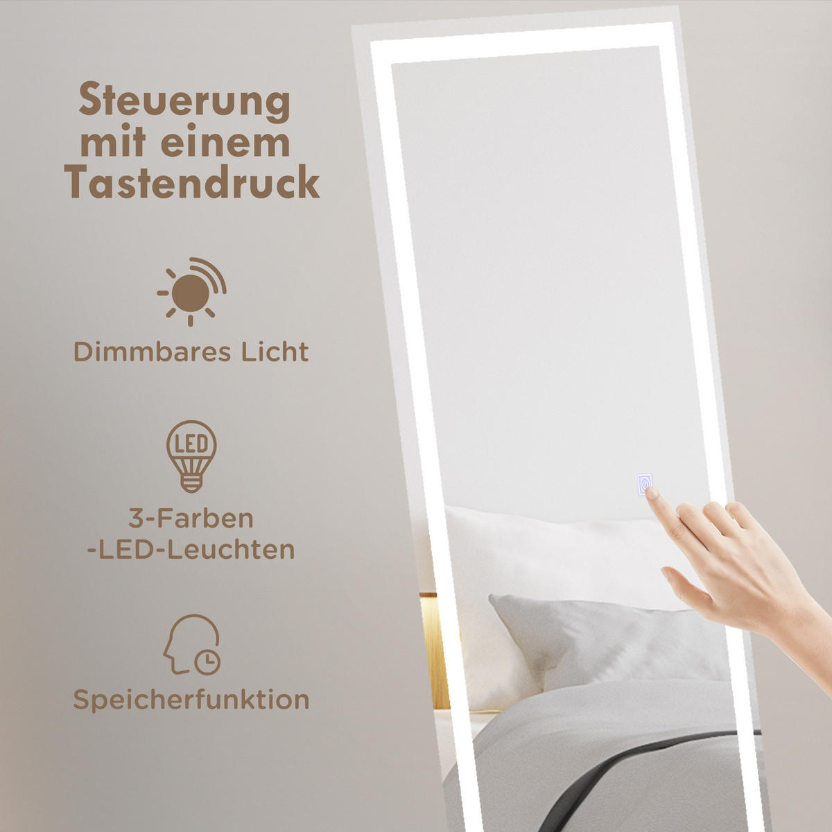 STANDSPIEGEL, mit LED-Leuchte, 3 Lichtfarbe, für Wohnzimmer, Schlafzimmer, Weiß - Weiß, Glas (40/2.9/150cm) - HOMCOM