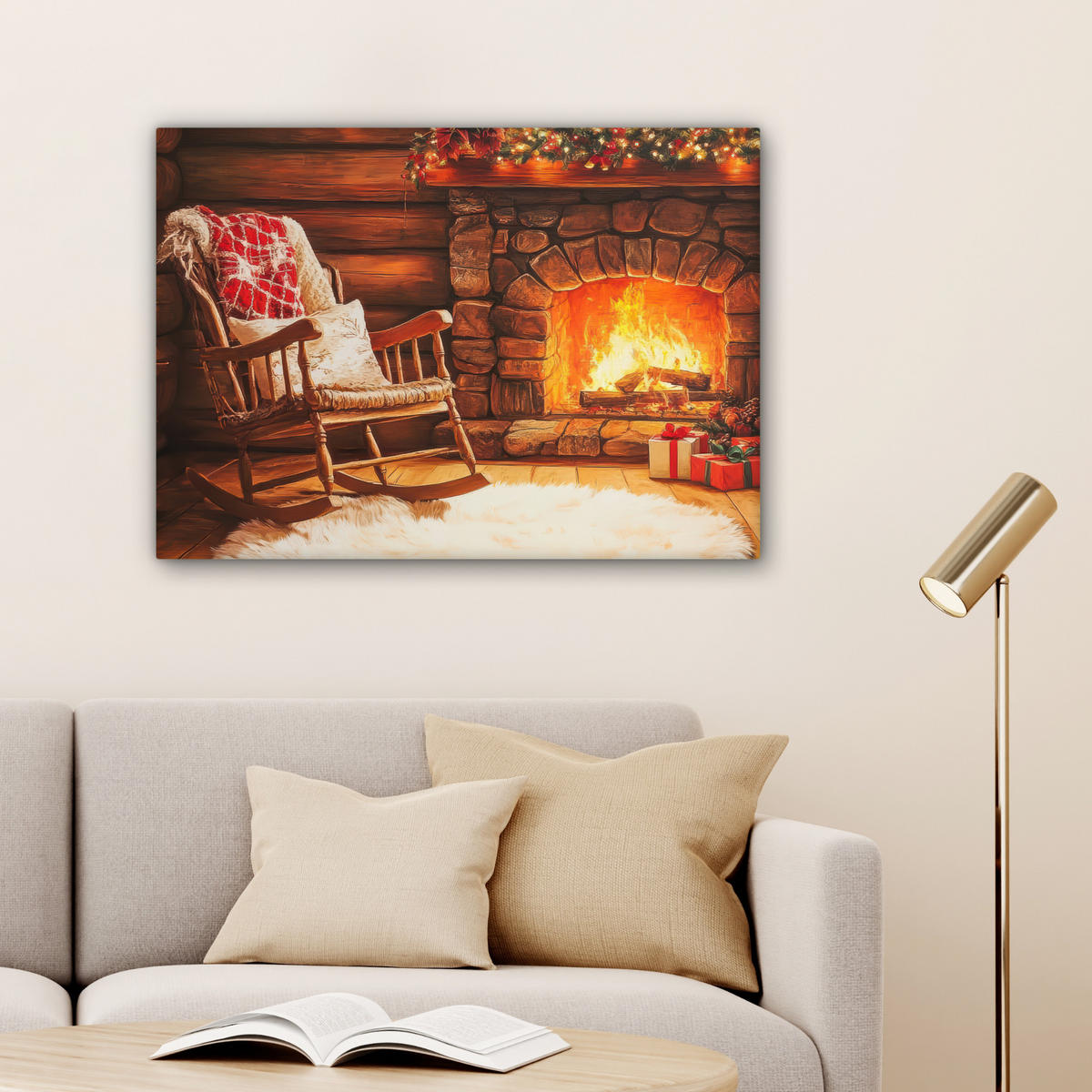 LEINWANDBILD Winter - Weihnachten - Zuhause - Kamin Wandbilder 80x60 cm - Bernsteinfarben, Textil (80/60cm) - MuchoWow