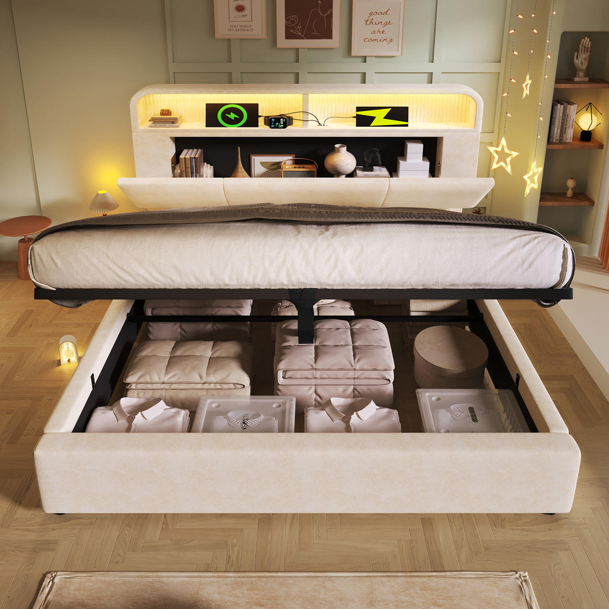 POLSTERBETT 140/200 cm Beiger mit höhenverstellbarem Stauraum-Kopfteil und LED-Beleuchtung - Beige, Textil (140/200cm) - OKWISH