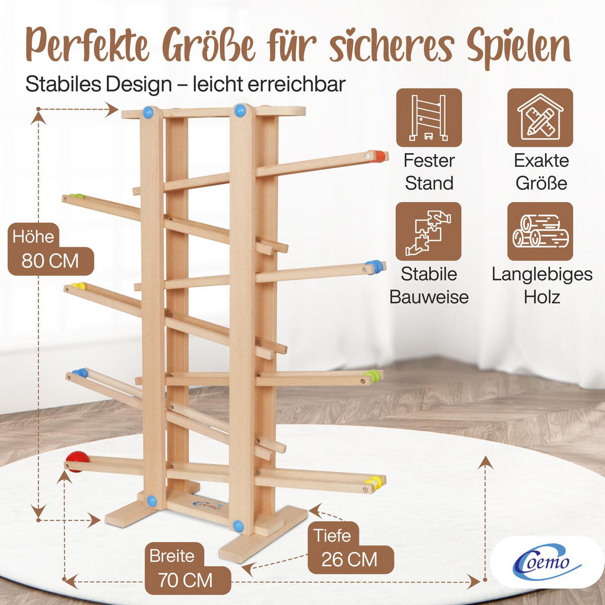 KUGELBAHN XL Holz Natur mit 7 Roll Elementen - Naturfarben, Holz (26/70cm) - Coemo