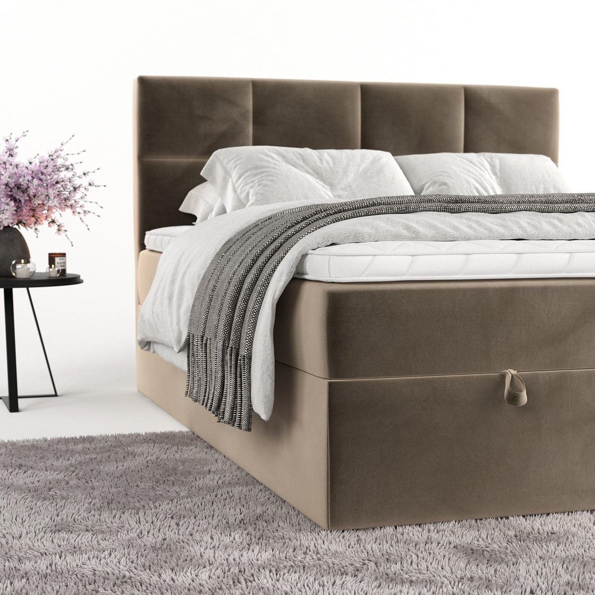 BOXBETT Velto 160/200 cm Taupe im Paros Stoff - Taupe/Schwarz, Holz/Holzwerkstoff (160/200cm) - AltaBeds