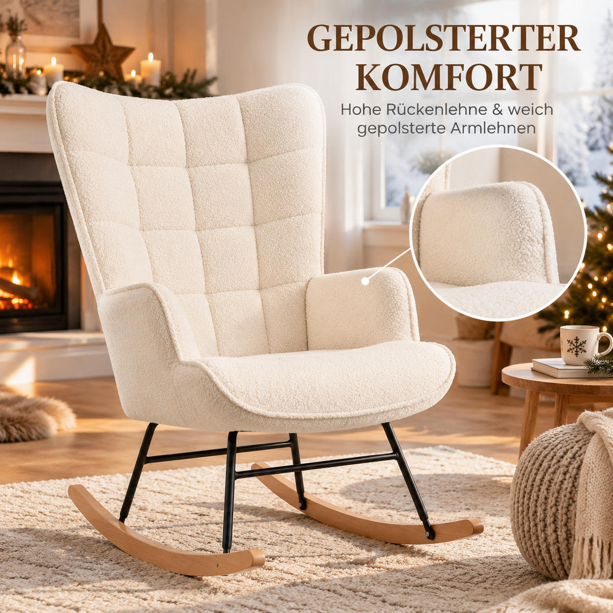 SCHAUKELSTUHL Teddy, gepolstert, cremeweiß - Beige, Holz (68/92/75cm) - Joyfair