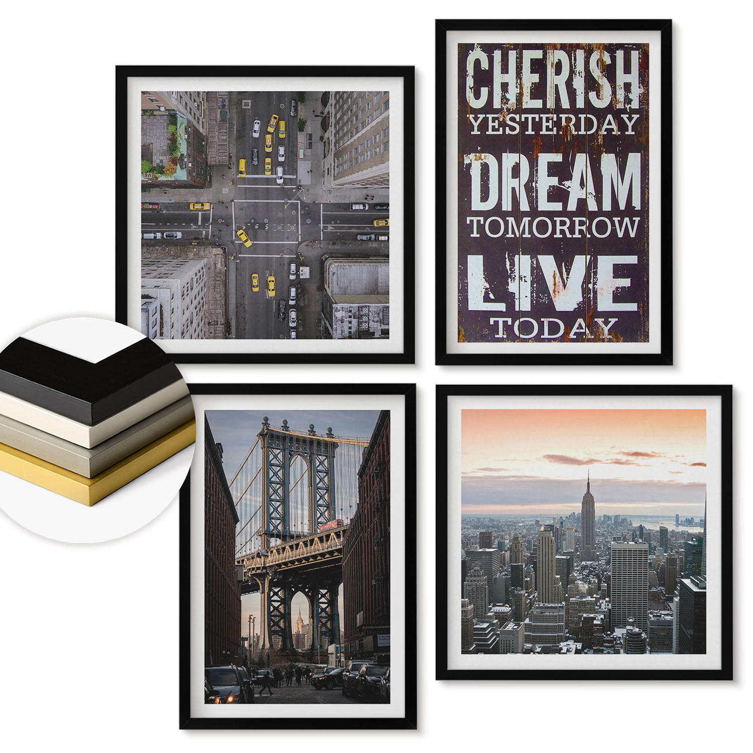 WANDBILDER 4er-Set - 50x50 cm & 40x60 cm Schwarzer Rahmen - Zitat über New Yorker Landschaften - Schwarz, Kunststoff (50/50cm) - ArtPrintCave
