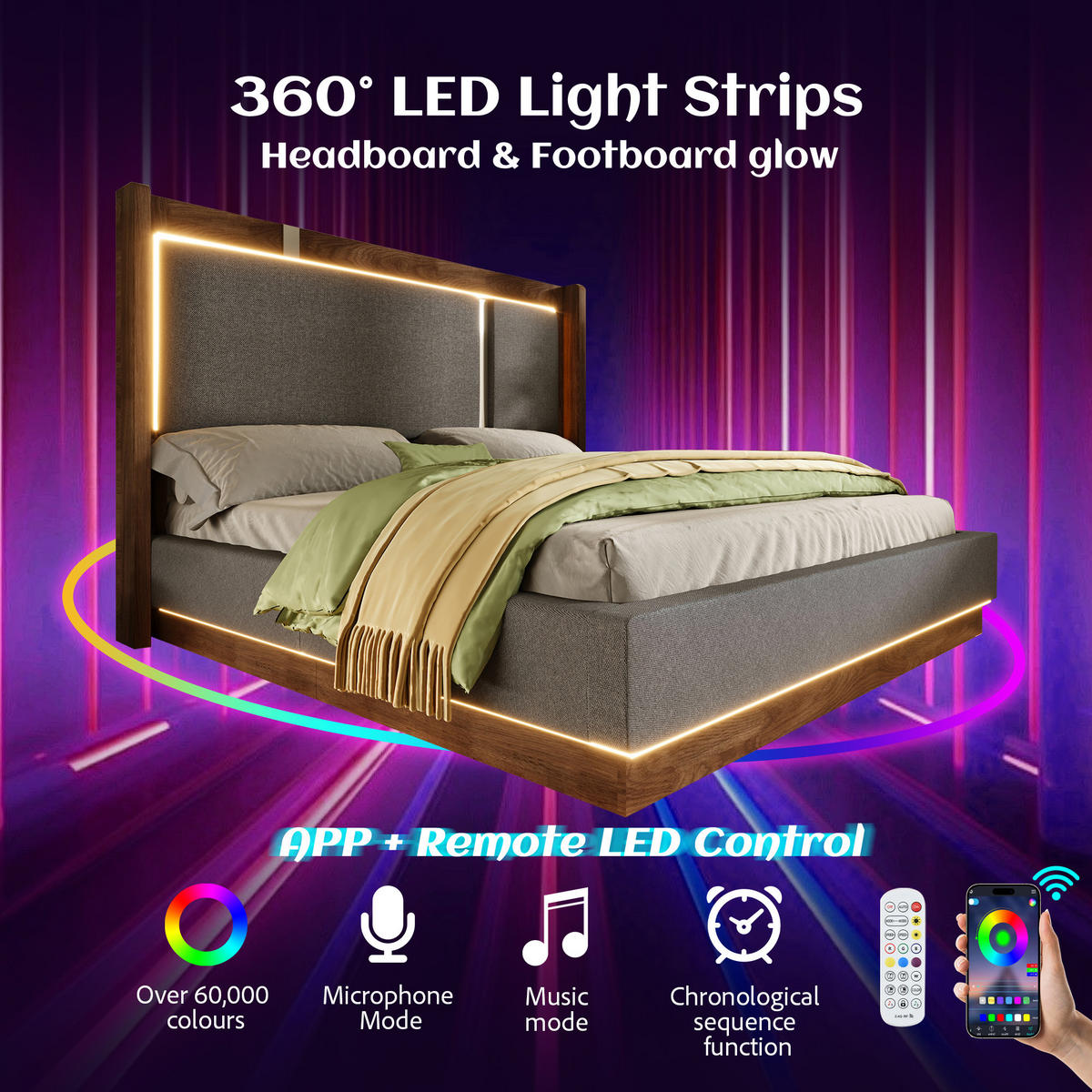 BETT mit Bettkasten LED 160x200 cm Leinen Grau Walnuss - Grau, Holz (160/200cm) - Meubliv