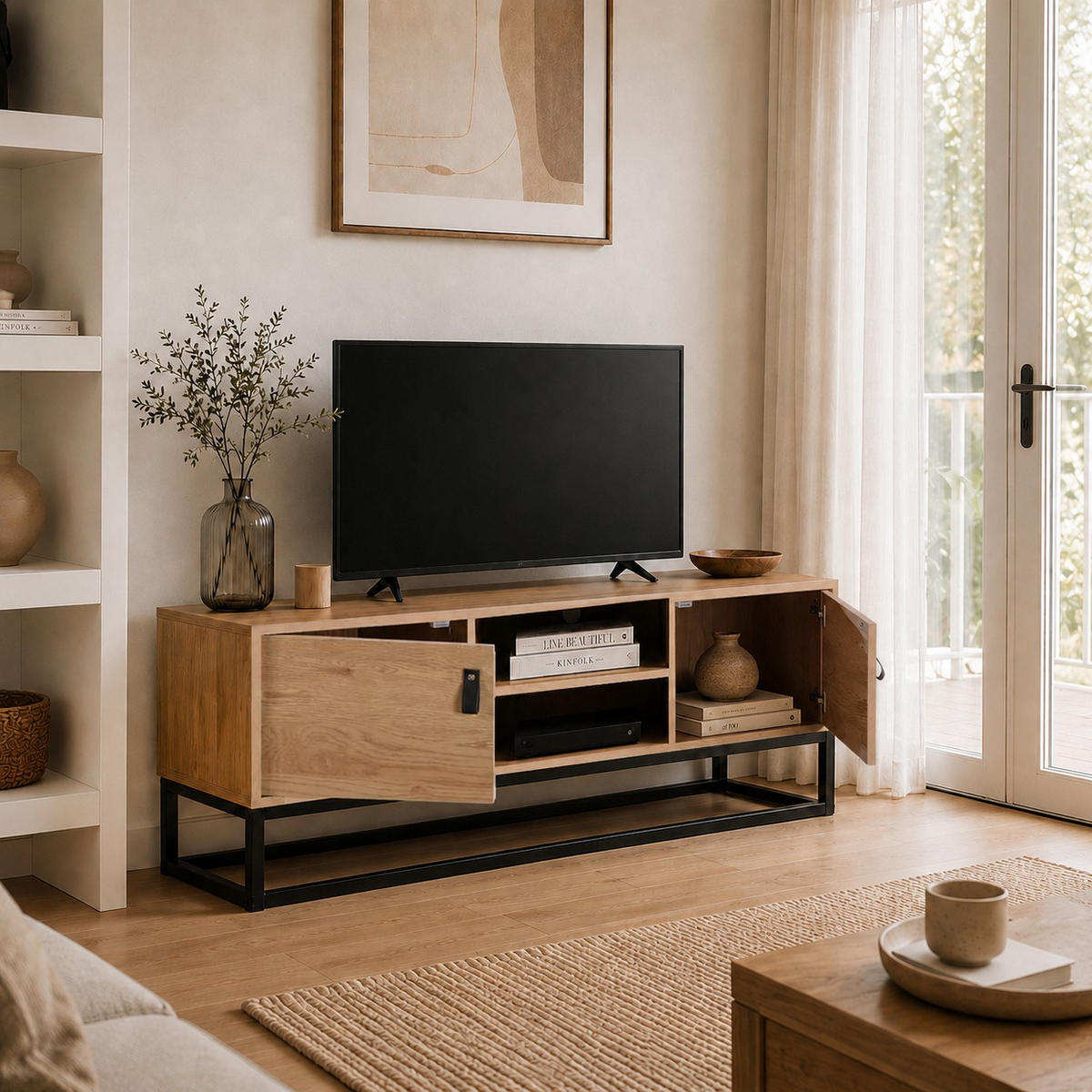 TV-MÖBEL Eiche Dekor 2 Türen und zentrale Ablage - L120 cm - Nussbaumfarben, Holzwerkstoff (39/48/120cm) - Calicosy