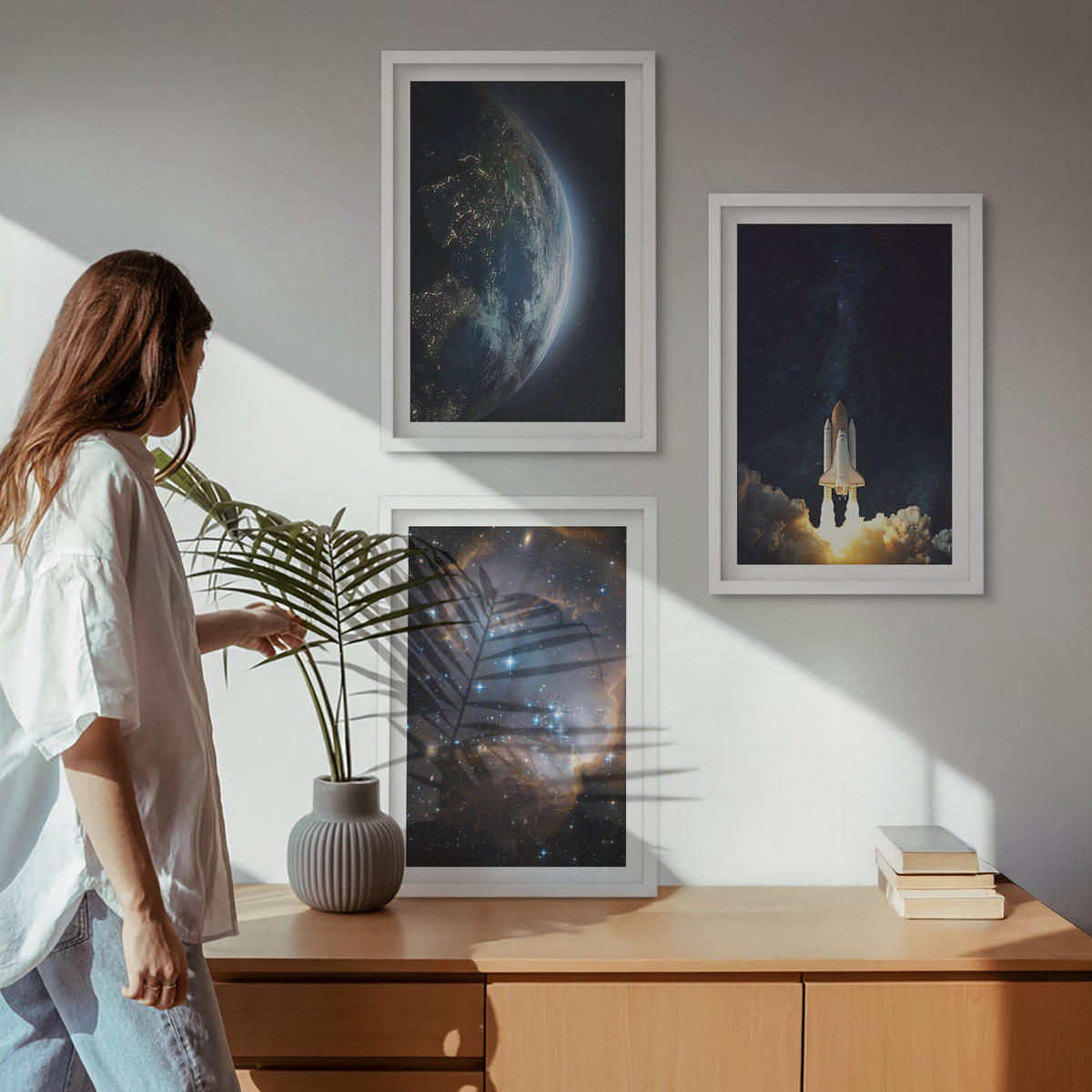 BILDER SET 3er Set - 40x60 cm Weißer Rahmen - Weltraum Erde Rakete Galaxie - Weiß, Kunststoff (40/60cm) - TULUP