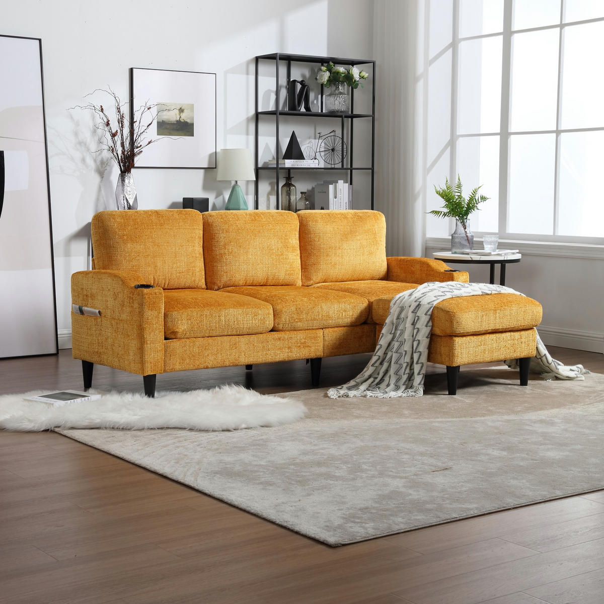 SOFA 4-Sitzer mit Hocker 196,5 x 75 x 77 cm Chenille Gelb - Gelb, Kunststoff (196.5/77/76cm) - Meubliv