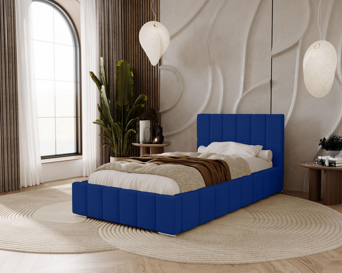 POLSTERBETT Alma 90x200 cm, Einzelbett mit Bettkasten und Lattenrost aus Holz, Velourstoff: Dunkelblau - Dunkelblau, Holz/Kunststoff (90/200cm) - Marpur