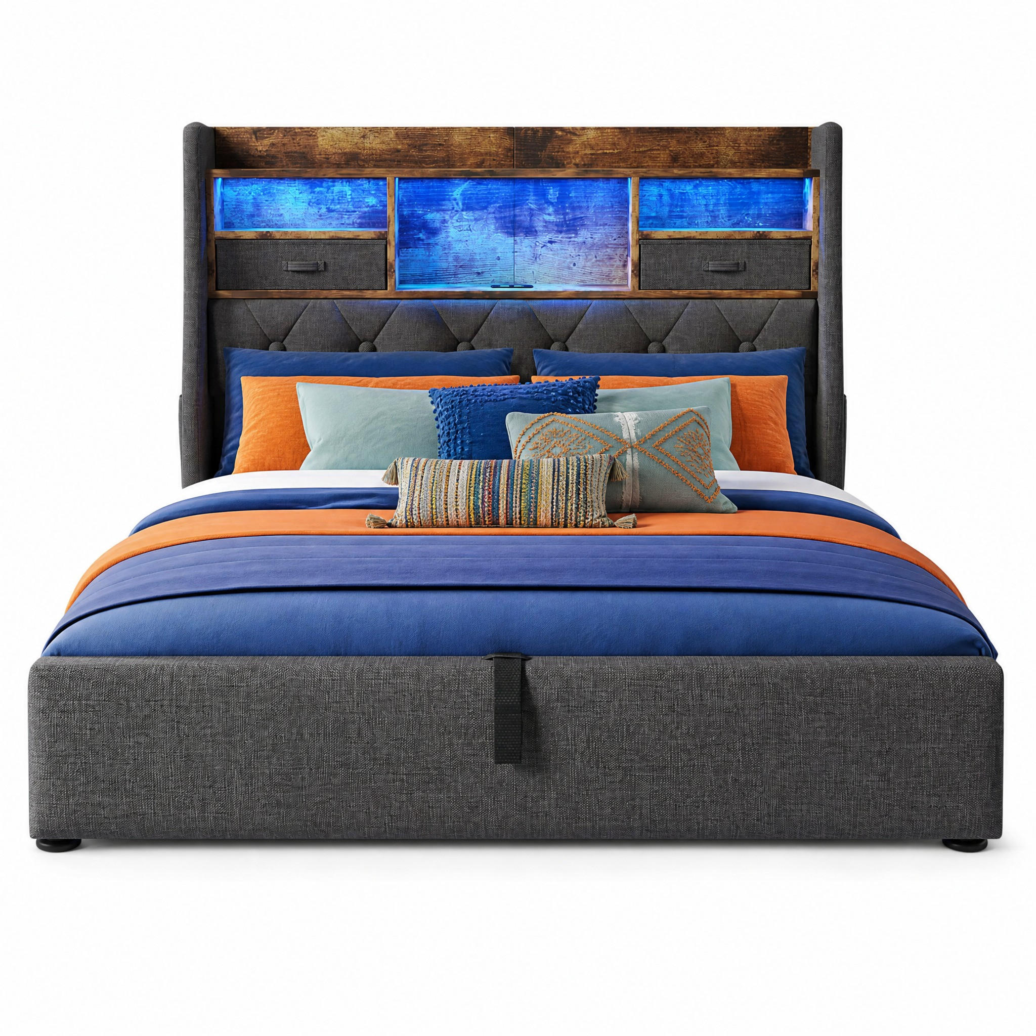 POLSTERBETT 140/200 cm in Grau Leinen mit Bettkasten, LED und USB - Grau, Holzwerkstoff/Textil (140/200cm) - STILVORA