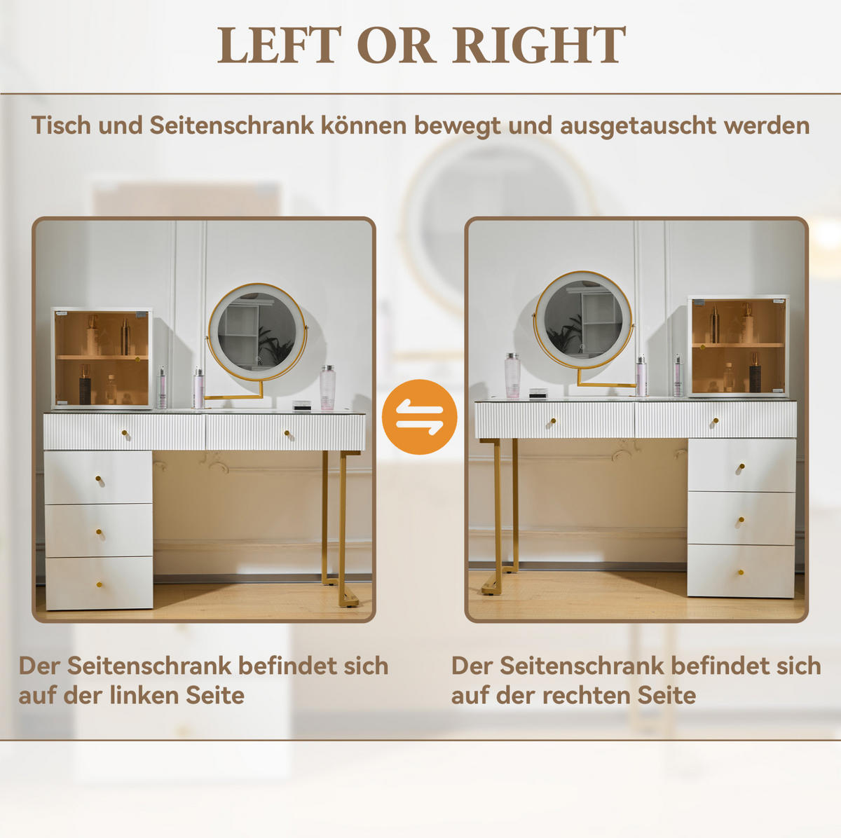 SCHMINKTISCH 120/45/115 cm mit LED-Spiegel, flexiblem Seitenregal und Glasplatte, Weiß/Goldfarben - Weiß, Holzwerkstoff (120/115/45cm) - Redom