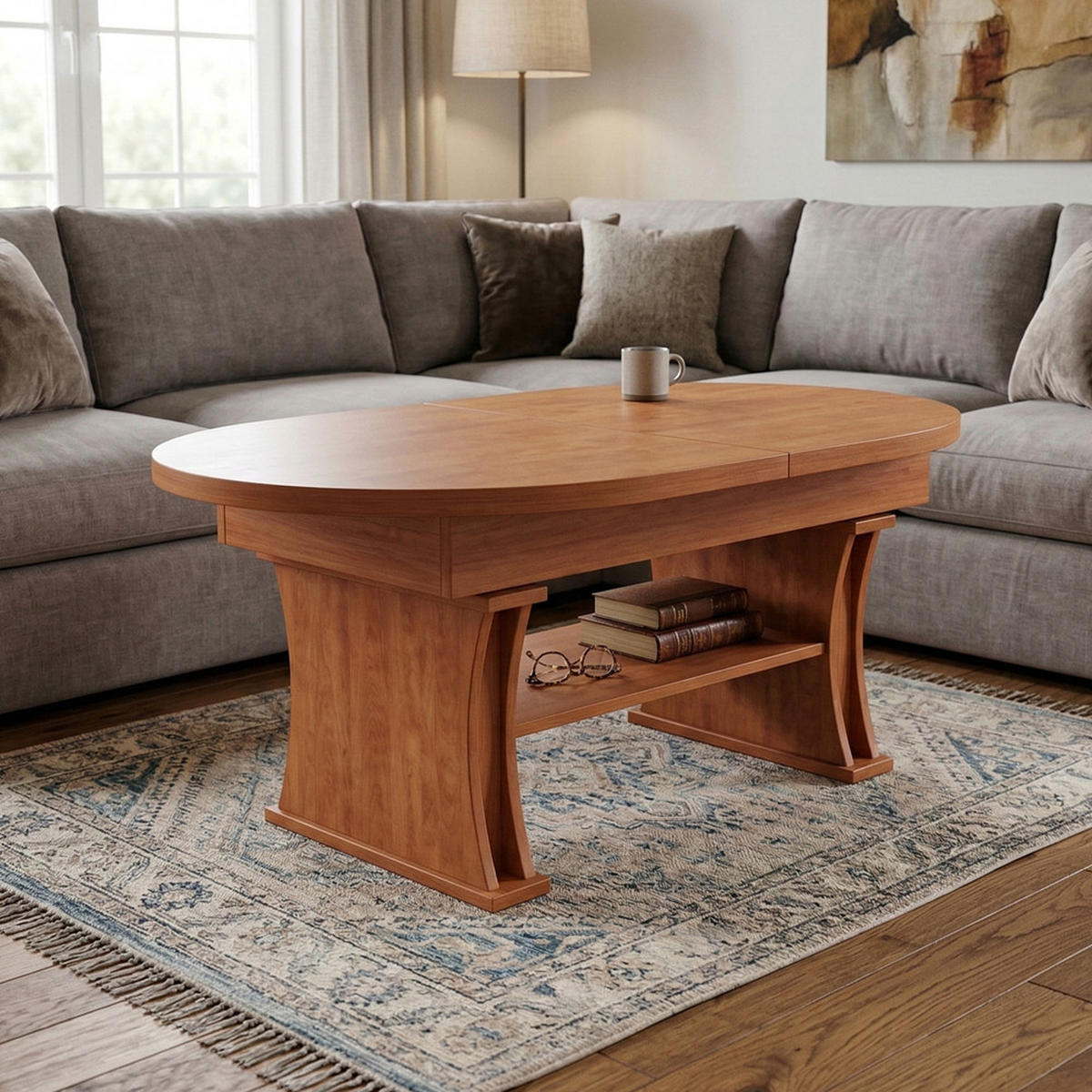 COUCHTISCH oval ausziehbar höhenverstellbar Ablage 130/80/60 cm - Kirschbaumfarben, Holzwerkstoff (80/130/60cm) - designimpex