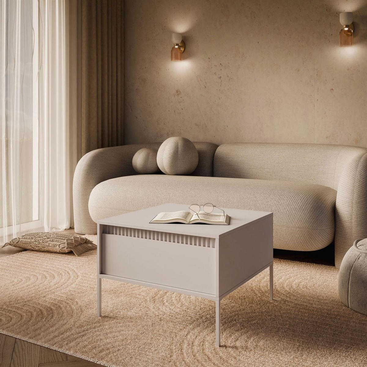COUCHTISCH YASUMI mit Schublade beige - Beige, Holzwerkstoff (68/68/48.4cm) - Lookway