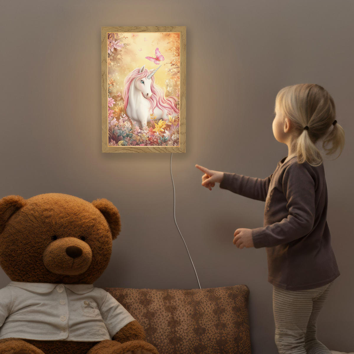 NACHTTISCHLAMPE Einhorn - Blumen - Schmetterling - Rosa 20x30 cm - Beige, Holzwerkstoff (8/20/30cm)