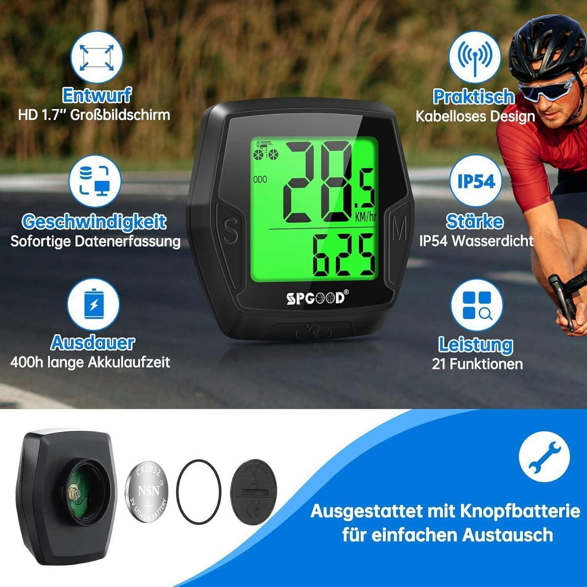 FAHRRADCOMPUTER Kabellos mit Hintergrundbeleuchtung und 21 Funktionen - Schwarz, Kunststoff (5.2/1/5.5cm)