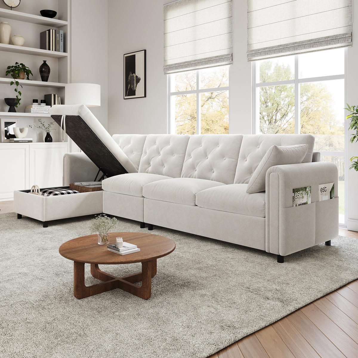 SOFA Beige L-Form Samt Stauraum Armlehne 281cm Knopfheftung - Beige, Textil (132/86/281cm) - FLIEKS