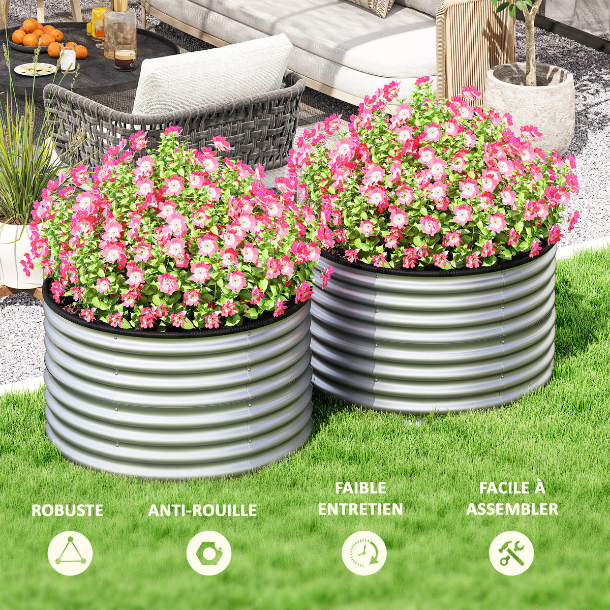 HOCHBEET-SET DE-12184 2er-Set rund, Ø90/56 cm, offener Boden Silber - Silberfarben, Metall (90/56/90cm) - ComfortXL