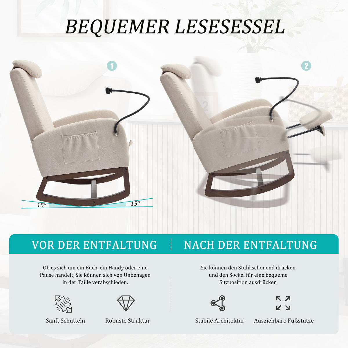 SCHAUKELSTUHL,LEINENSTOFF, Hohe Rückenlehne und Kopfstütze, ausziehbare Fußstütze/Handyhalterung – Beige - Beige, Holz/Textil (88/99/65cm) - KOMHTOM
