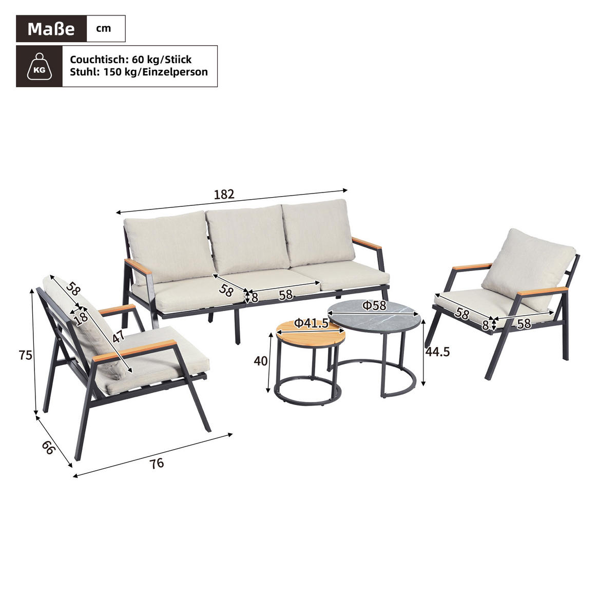 LOUNGESET Grau 3-Sitzer 2 Sessel 2 Couchtische - Grau, Textil - FLIEKS