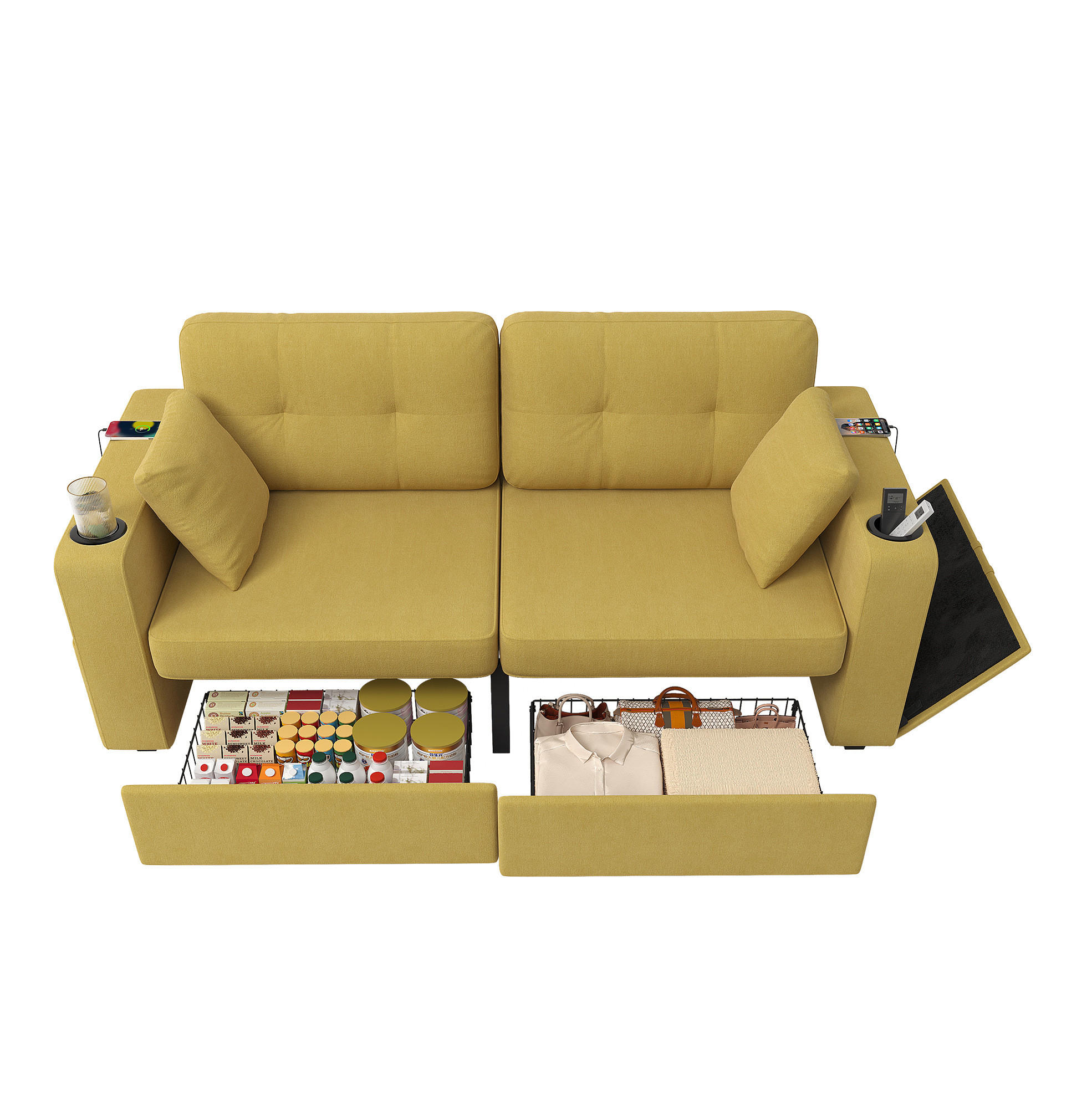 SOFA 2-Sitzer mit USB und Stauraumschubladen 172 x 75 x 82 cm Chenille - Gelb, Holzwerkstoff (172/82/75cm) - Meubliv