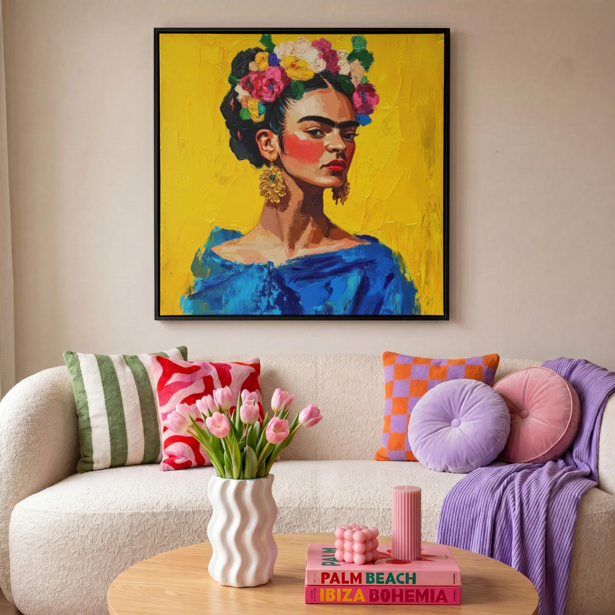 LEINWAND Bilder mit Rahmen - Frida Kahlo - Frau - Gelb - Blau - Blumen - 90x90 - Gelb, Textil (90/90cm) - MuchoWow