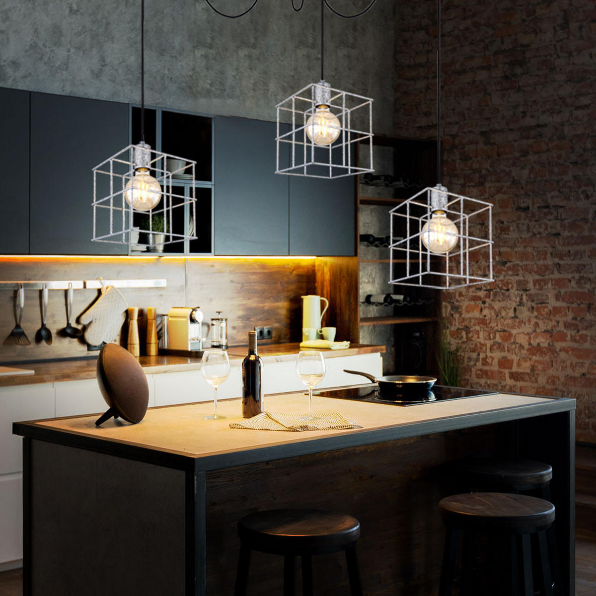 HÄNGELEUCHTE Metall Silber 3 Flammig Gitterschirme - Silberfarben, Metall (20/20/150cm) - Globo Lighting