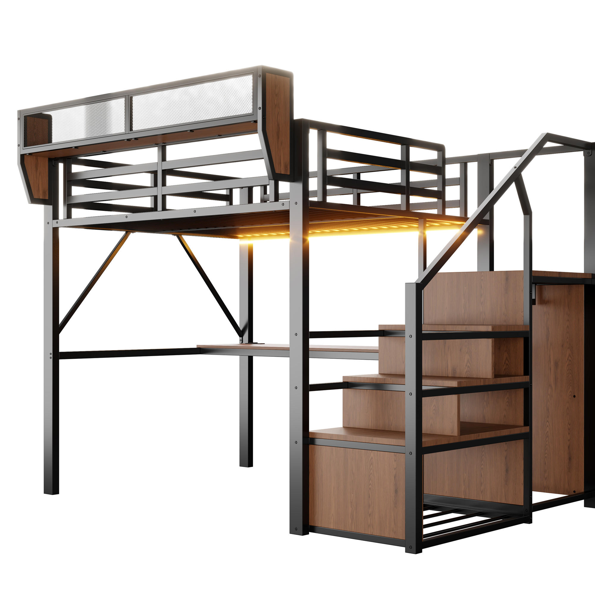 HOCHBETT 140/200 cm DE-32583 mit Schreibtisch, LED und Stauraum Schwarz - Schwarz, Metall (140/200cm) - ComfortXL