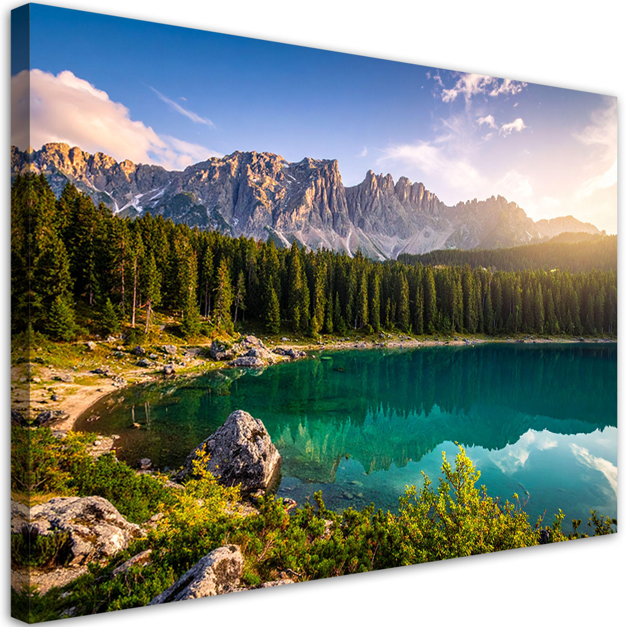 LEINWANDBILD Landschaft See Berge Wald Natur 90x60cm - Grün, Textil (90/60cm) - Feeby