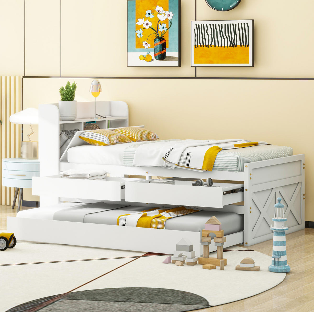 AUSZIEHBETT 90/190 cm aus Massivholz Weiß mit USB und 2 Schubladen - Weiß, Holz (90/200cm) - Flora Grace