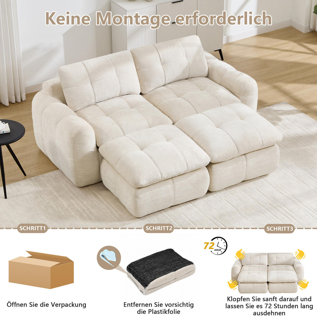 SOFA 194/160/68 cm in Beige aus Chenille mit flexibler Kombination - Beige, Textil (160/68/194cm) - Flora Grace