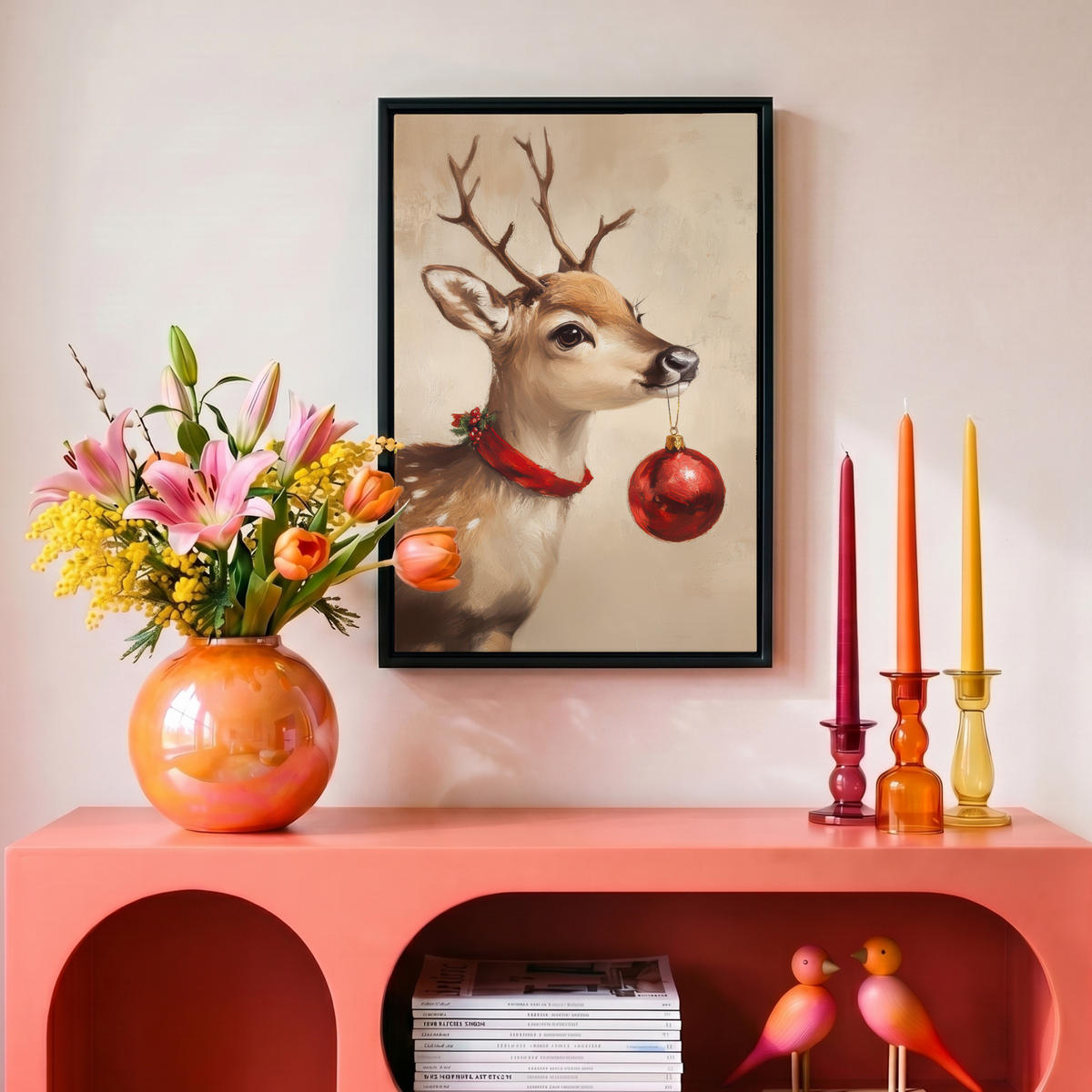 LEINWAND Bilder mit Rahmen - Weihnachten - Hirsch - Geweih - Weihnachtskugel - Rentier - 20x30 - Hellbraun, Textil (20/30cm) - MuchoWow