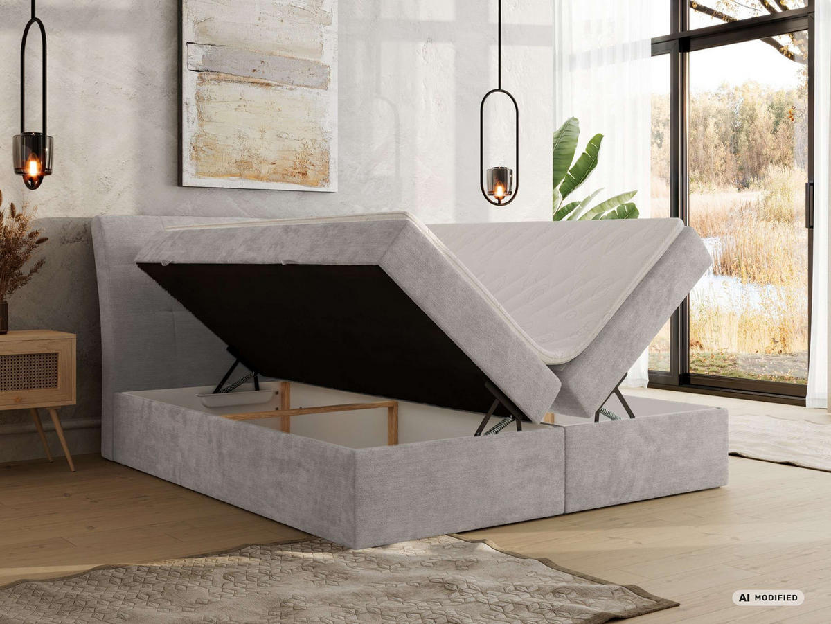 BOXBETT DAGOS 200/200 - Hellgrau Schenille glatt - Topper T25 - H3 - Hellgrau, Textil (200/200cm) - MKS