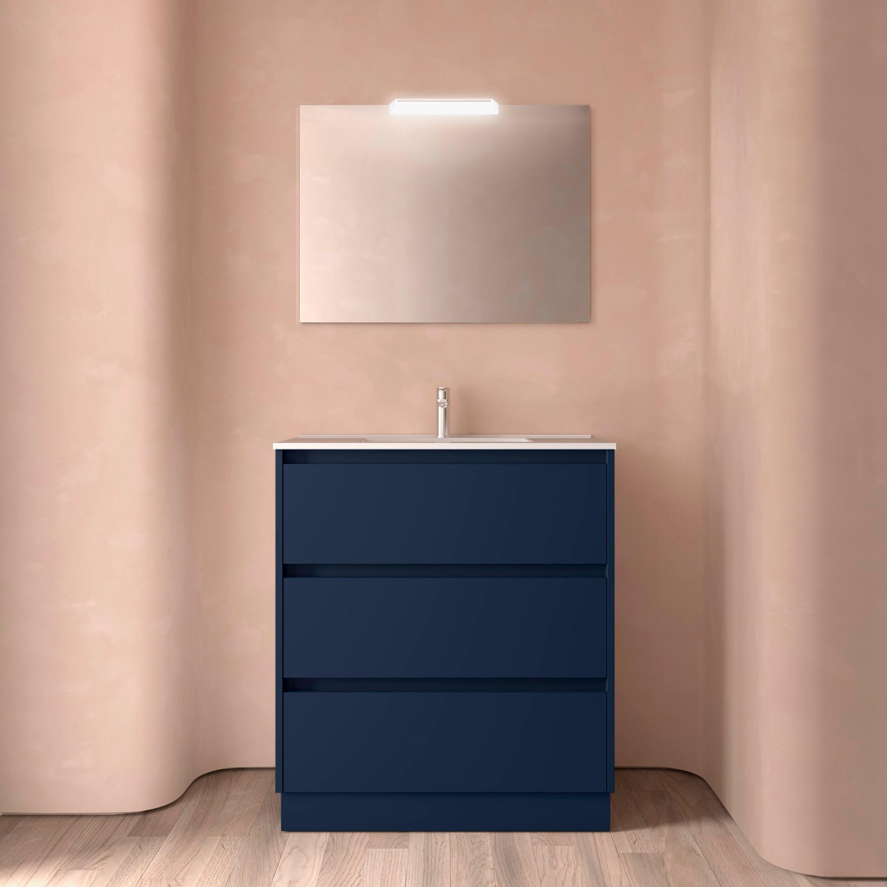 NOJA Komplett-Set 800 3 Schubladen BLUE SATIN + Waschtisch + Spiegel + Leuchte - Schwarz, Metall (45/8.1/79.7cm) - Salgar