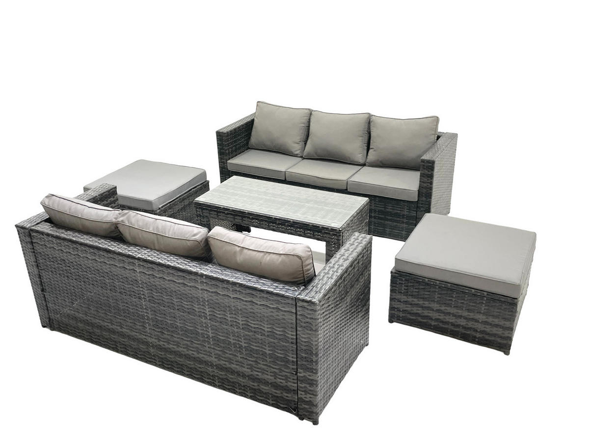 GARTENMÖBEL COUCHTISCH SET mit Sofa Polyrattan Outdoor 8-Sitzer - Dunkelgrau/Grau, Glas/Kunststoff - Fimous