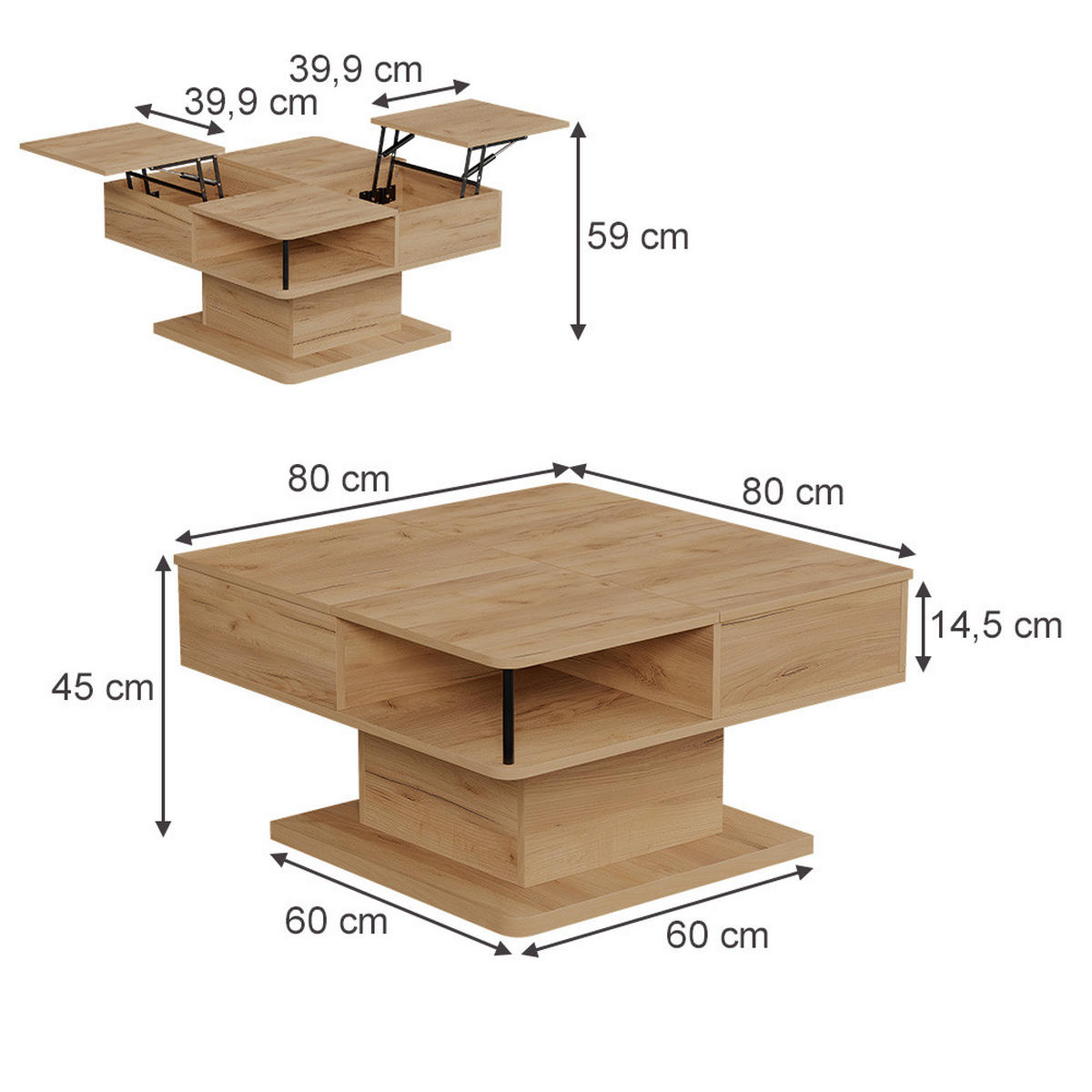 COUCHTISCH Movira Goldkraft Eiche 80 x 45 cm mit Staufächern - Honigeiche, Holzwerkstoff (45/80/80cm) - Vicco