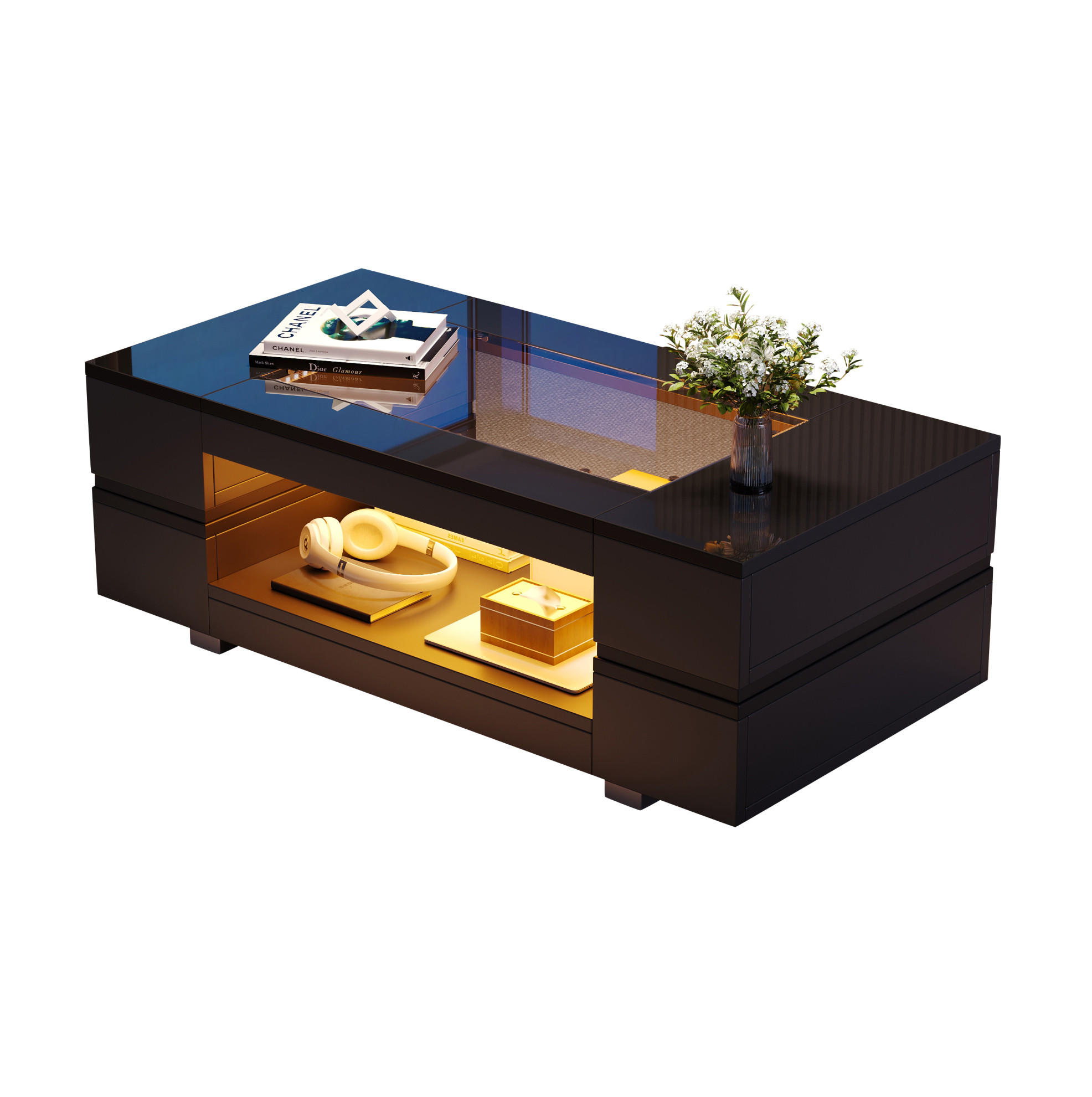 COUCHTISCH 100/50/35 cm schwarz aus Spanplatte und Sicherheitsglas mit LED - Schwarz, Holzwerkstoff (100/50/35cm) - OKMYHOME