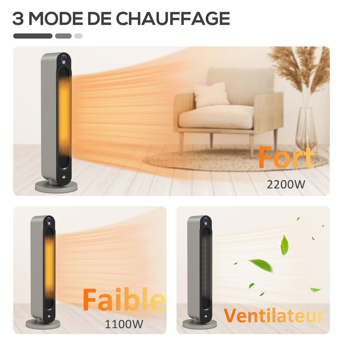 HEIZLÜFTER DE-17075 oszillierend 1100/2200 W - Silberfarben, Kunststoff (25/73.5/25cm) - ComfortXL