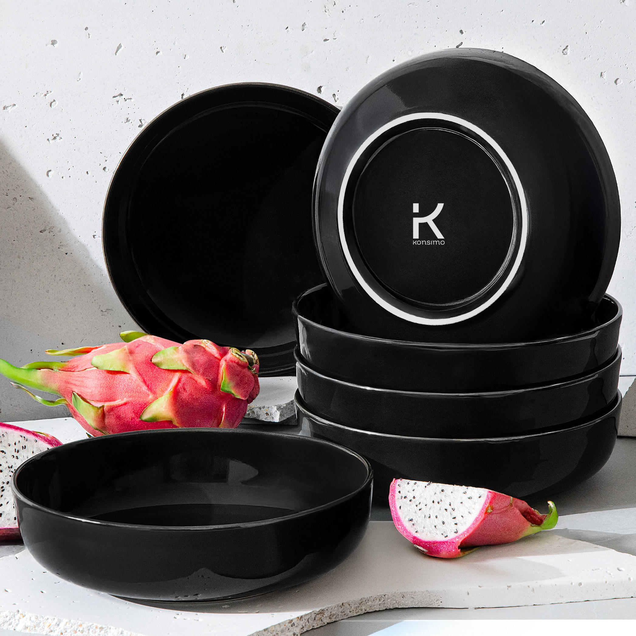 TELLER-SET VICTO 6-tlg Suppenteller - Schwarz Hochglanz, Keramik (18/5/18cm) - KONSIMO®