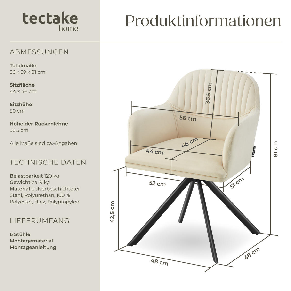 DREHSTUHL 6er Set Lona 56 x 59 x 81 cm crème/schwarz - Creme/Schwarz, Textil (56/81/59cm) - tectake