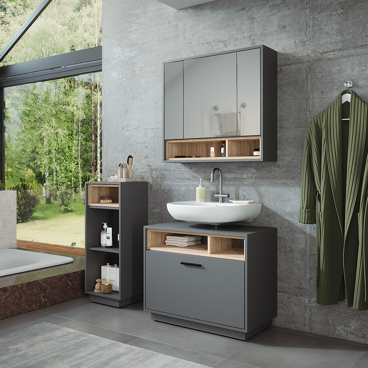 BADMÖBEL-SET Beatrice Anthrazit/Sonoma 3 Teile mit Midischrank - Anthrazit/Sonoma Eiche, Holzwerkstoff (80/64/35cm) - Vicco