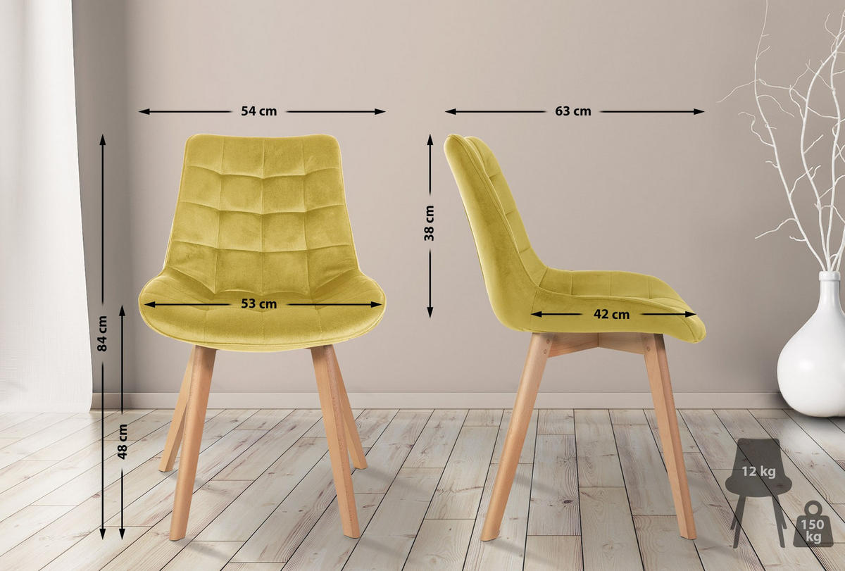 STUHL 2er Set Samt gelb - Eukalyptusholzfarben/Gelb, Holz/Textil (54/84/63cm) - CLP