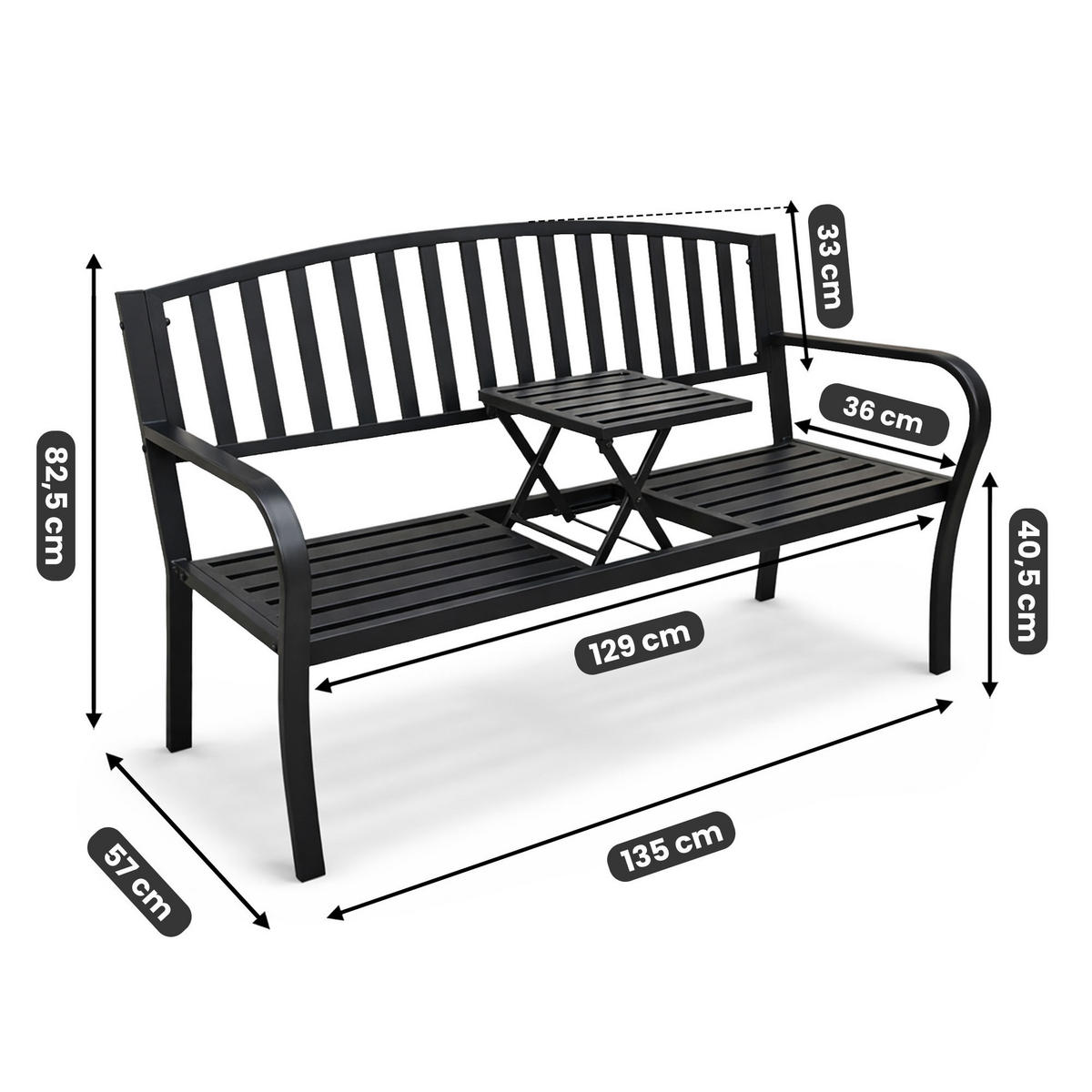 GARTENBANK DUO Schwarz 135 x 82,5 x 57 cm - Schwarz, Metall (135/82.5/57cm) - Akord