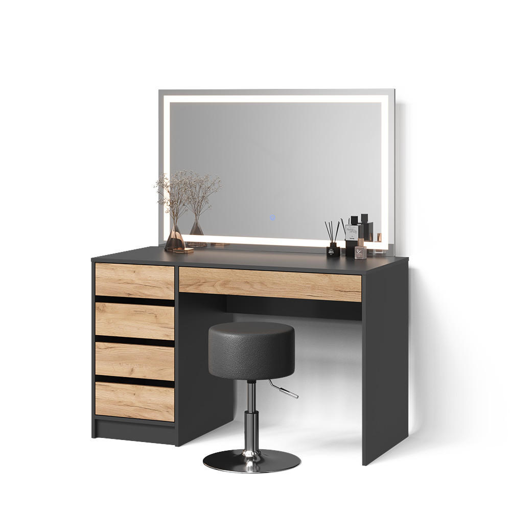 SCHMINKTISCH Imola Anthrazit/Goldkraft Eiche mit LED-Spiegel und Hocker - Anthrazit/Eiche Wotan, Holzwerkstoff (120/75/55cm) - Livinity®