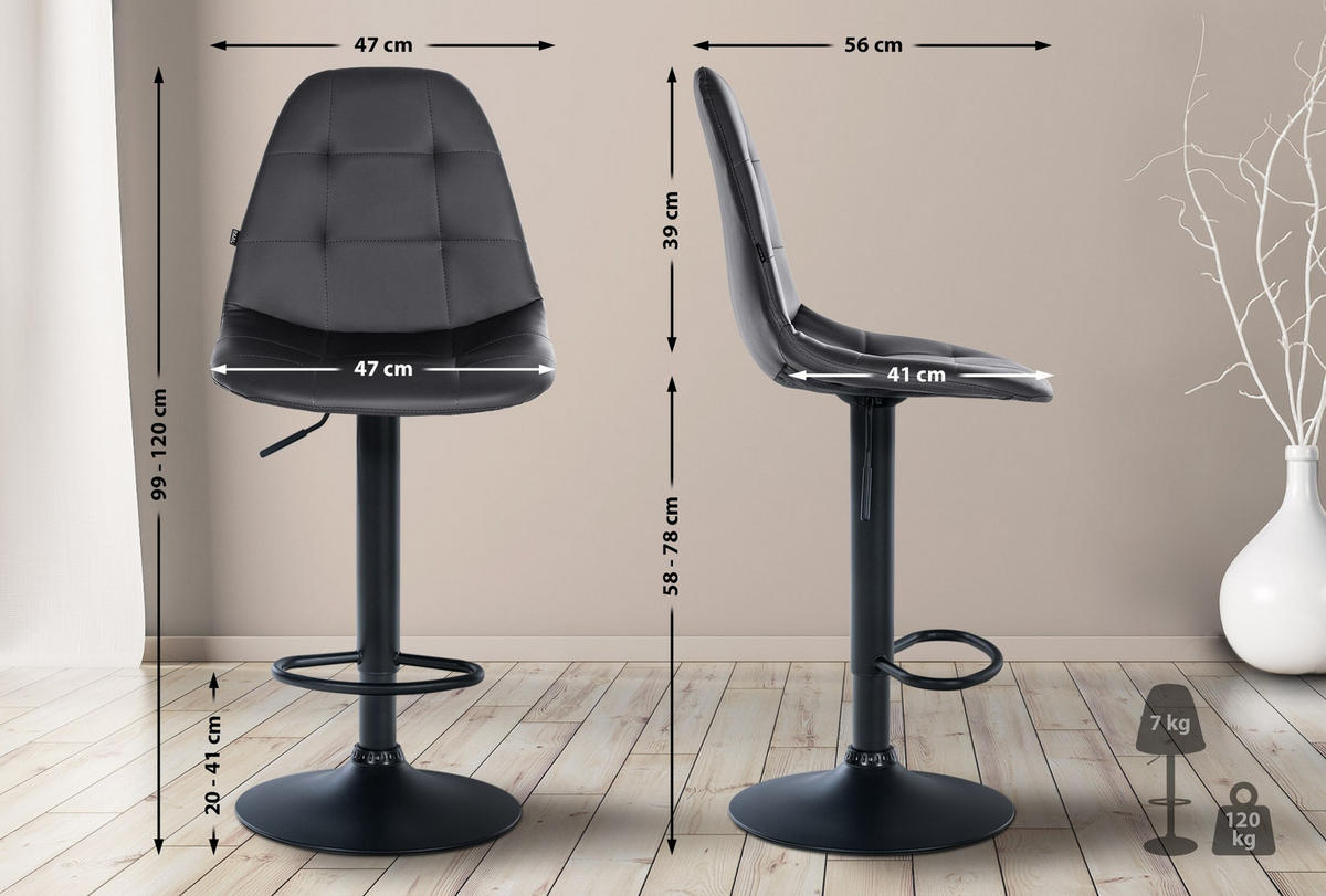 BARHOCKER Metall schwarz - Schwarz, Textil/Metall (47/58/56cm) - CLP