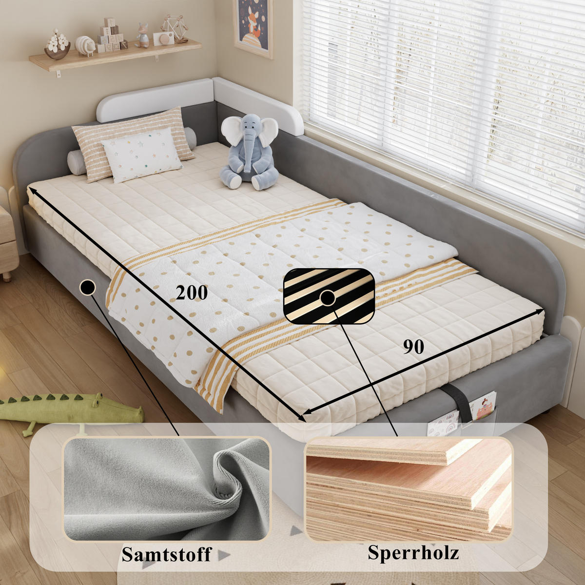 POLSTERBETT 90x200 cm Stauraum hydraulisch grau - Weiß, Textil (90/200cm) - LEBENLANG